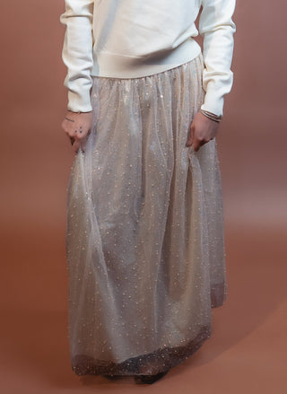 Champagne sequin maxi skirt with sheer shimmering overlay and flowing silhouette