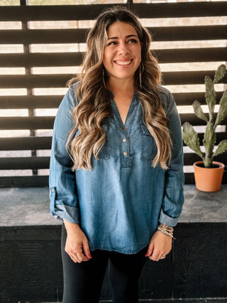 Skyline Chambray Tunic Denim Business Casual Top, Chambray - The Farmhouse