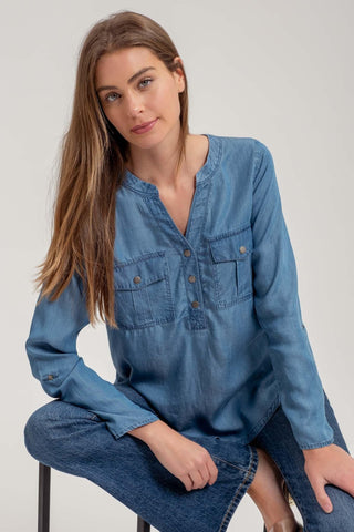 Skyline Chambray Tunic Denim Business Casual Top, Chambray - The Farmhouse