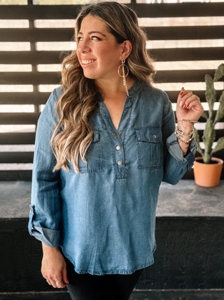 Skyline Chambray Tunic Denim Business Casual Top, Chambray - The Farmhouse