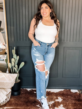 Skyline High Rise Distressed Crop Straight Jeans - The Farmhouse