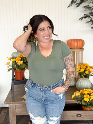 Sloane Double V - Neck Top, Olive - 130 Basics - The Farmhouse