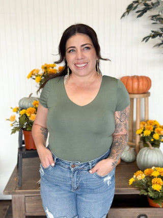 Sloane Double V - Neck Top, Olive - 130 Basics - The Farmhouse