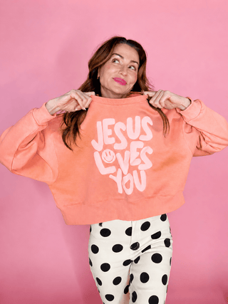 Smiley Jesus Loves You Puff Crop Sweatshirt - 140 Sweatshirts + Sweaters - The Farmhouse