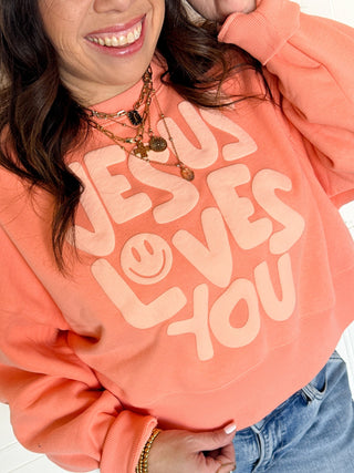 Smiley Jesus Loves You Puff Crop Sweatshirt - 140 Sweatshirts + Sweaters - The Farmhouse