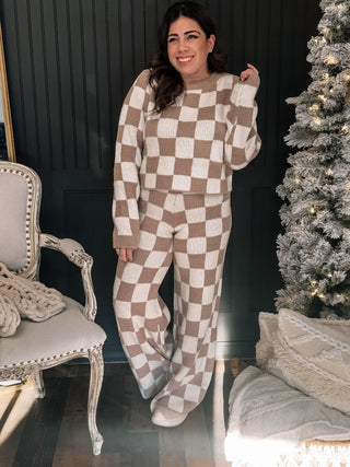 Snuggle Up Checkered Knit Lounge Set, Tan - The Farmhouse