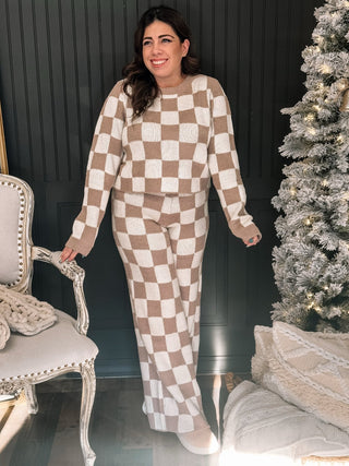 Snuggle Up Checkered Knit Lounge Set, Tan - The Farmhouse