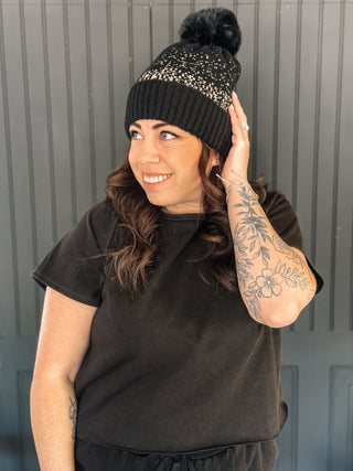 Snuggly Soft Ombre Pompom Sherpa Beanie, Black/Gold - The Farmhouse