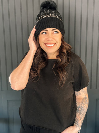 Snuggly Soft Ombre Pompom Sherpa Beanie, Black/Gold - The Farmhouse