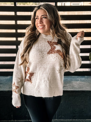 Starlit Sparkle Ugly Christmas Sequin Sweater, Natural - The Farmhouse