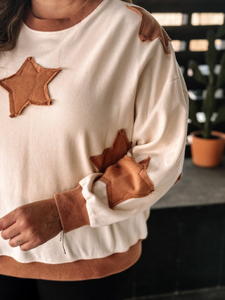 Starry Dreams Boho Athleisure Oversized Knit Washed Sweatshirt, Cinnamon - The Farmhouse