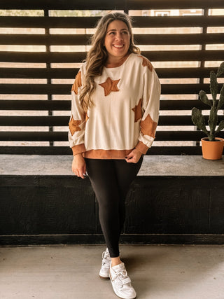 Starry Dreams Boho Athleisure Oversized Knit Washed Sweatshirt, Cinnamon - The Farmhouse