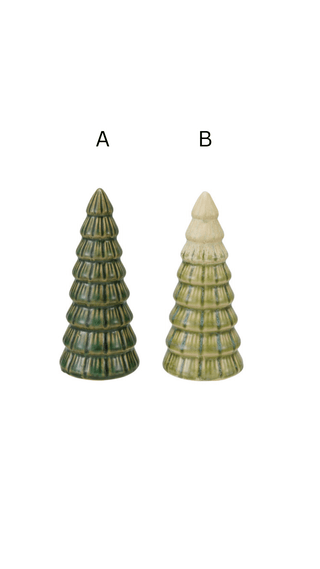 Stoneware trees shown in green and cream reactive glaze colors