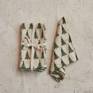 Stonewashed cotton napkins with green and red Christmas tree print
