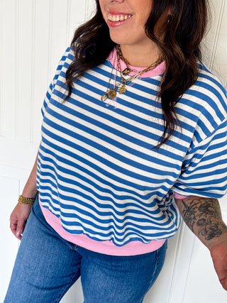 Stripe French Terry Short Sleeve Semi Crop Top - 140 Sweatshirts + Sweaters - The Farmhouse