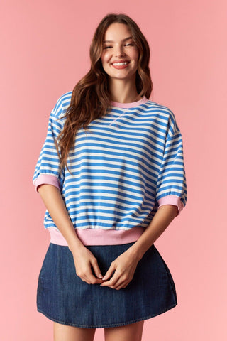 Stripe French Terry Short Sleeve Semi Crop Top - 140 Sweatshirts + Sweaters - The Farmhouse