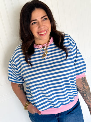 Stripe French Terry Short Sleeve Semi Crop Top - 140 Sweatshirts + Sweaters - The Farmhouse