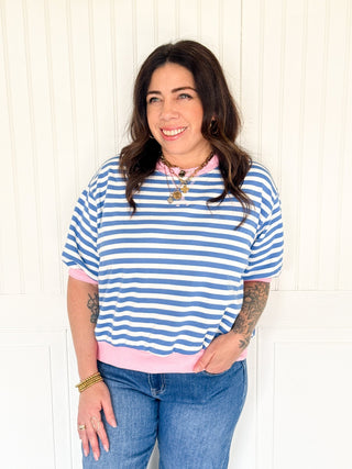 Stripe French Terry Short Sleeve Semi Crop Top - 140 Sweatshirts + Sweaters - The Farmhouse