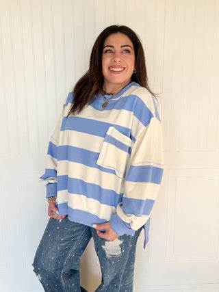 Striped Colorblock Terry Pocket Sweatshirt, Blue & White - 140 Sweatshirts + Sweaters - The Farmhouse