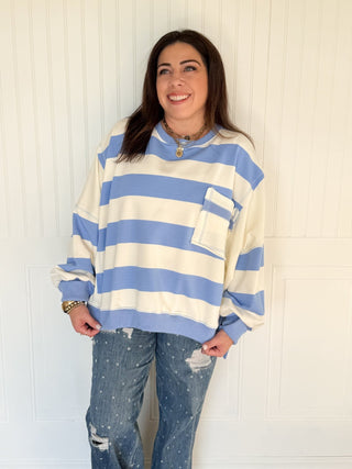 Striped Colorblock Terry Pocket Sweatshirt, Blue & White - 140 Sweatshirts + Sweaters - The Farmhouse