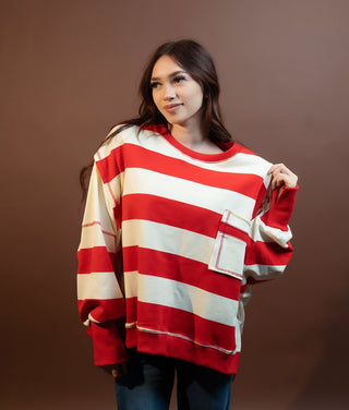 Striped Colorblock Terry Pocket Sweatshirt, Red & White - 140 Sweatshirts + Sweaters - The Farmhouse