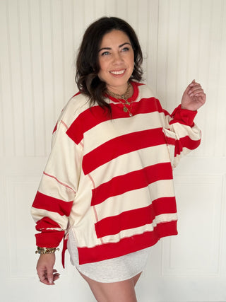 Striped Colorblock Terry Pocket Sweatshirt, Red & White - 140 Sweatshirts + Sweaters - The Farmhouse