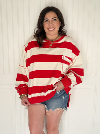 Striped Colorblock Terry Pocket Sweatshirt, Red & White - 140 Sweatshirts + Sweaters - The Farmhouse