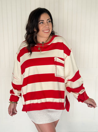 Striped Colorblock Terry Pocket Sweatshirt, Red & White - 140 Sweatshirts + Sweaters - The Farmhouse
