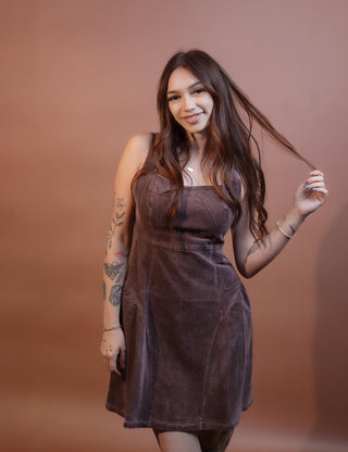 Detail view of Sunday Edition washed corduroy drop-waist mini dress with square neckline