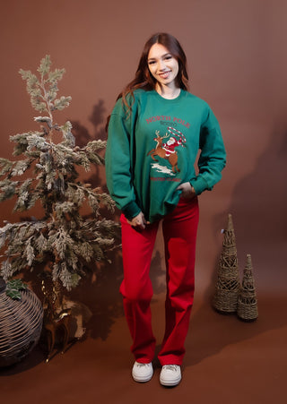 Styled view of western holiday North Pole Rodeo embroidered sweatshirt