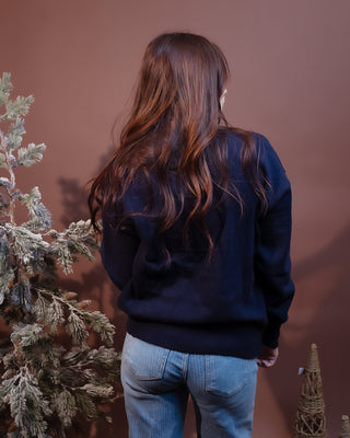 Back view of deep navy corgi graphic knit sweater