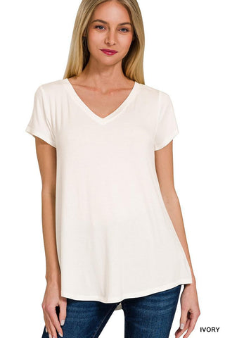 Sunny Day Rayon Short Sleeve V-Neck Round Hem Top - Ivory - The Farmhouse