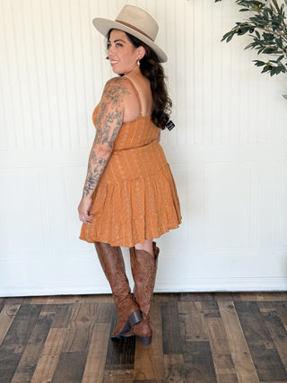 Sweet Meadow Eyelet Mini Dress, Saddle - 170 Dresses - The Farmhouse