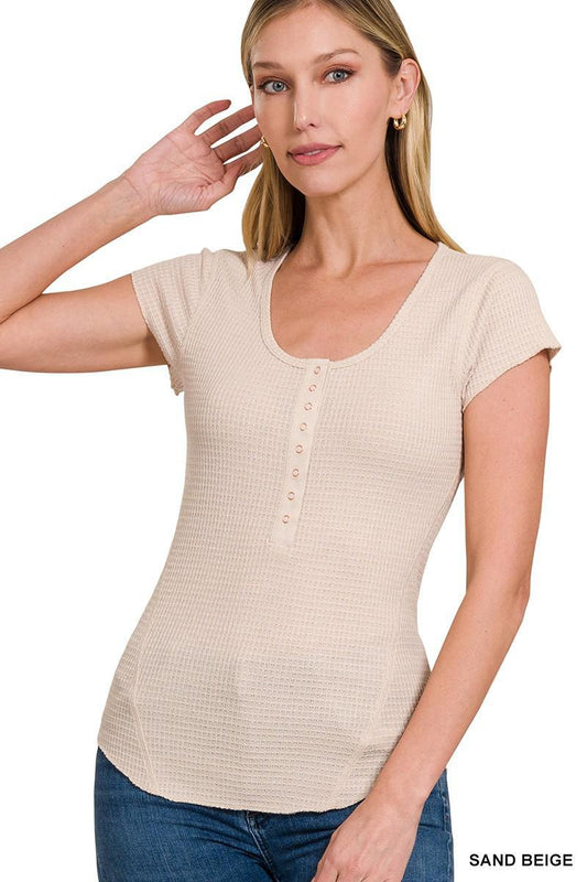 Sweet Serenade Baby Waffle Snap Button Cap Sleeve Top - Sand Biege - The Farmhouse