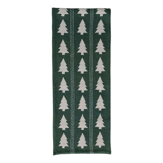 Slub cotton table runner with embroidered tree pattern in green and natural