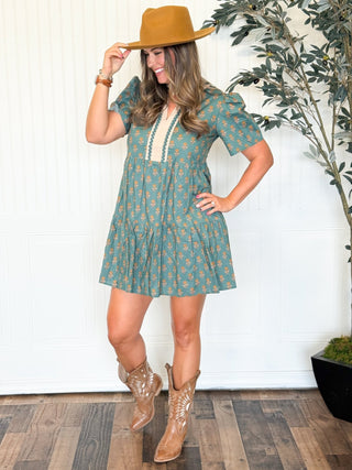 Teal Bloom Block Print Dress - 170 Dresses - The Farmhouse