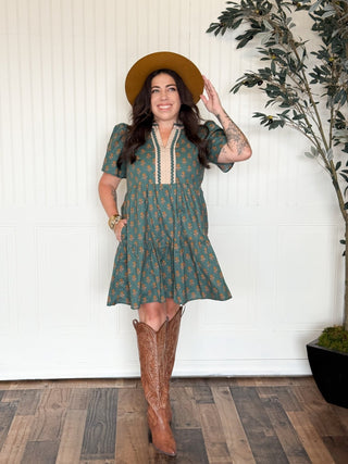 Teal Bloom Block Print Dress - 170 Dresses - The Farmhouse