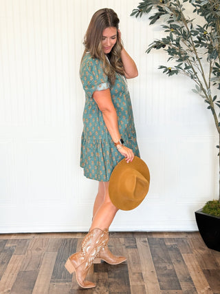 Teal Bloom Block Print Dress - 170 Dresses - The Farmhouse
