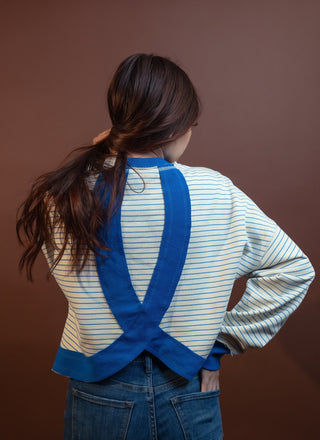 Side view of Blue Harbor striped crossback French terry sweatshirt