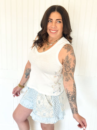 The Cloudberry Lace Trim Shorts, Sky Blue Floral - 220 Shorts + Skirts - The Farmhouse