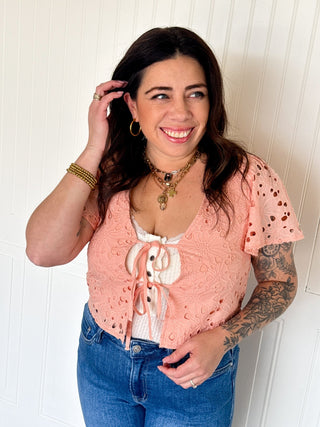 The Delicate Knot Eyelet Blouse, Coral - 110 Blouses - The Farmhouse