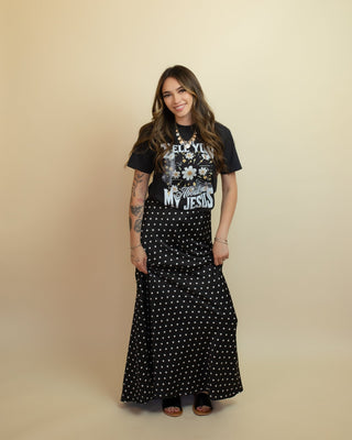 The Dotty Darling Satin Maxi Skirt, Black - 220 Shorts + Skirts - The Farmhouse