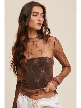 The Ethereal Lace Long Sleeve, Mocha - 110 Blouses - The Farmhouse