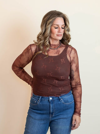 The Ethereal Lace Long Sleeve, Red Bean - 110 Blouses - The Farmhouse