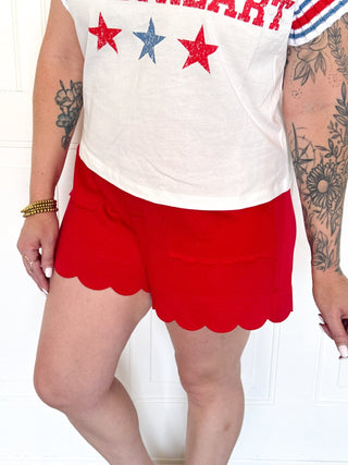The Maribel Scallop Shorts, Red - 220 Shorts + Skirts - The Farmhouse