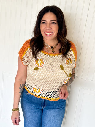 The Orchard Charm Crochet Top, Oatmeal/Orange - 100 Casual Tops - The Farmhouse