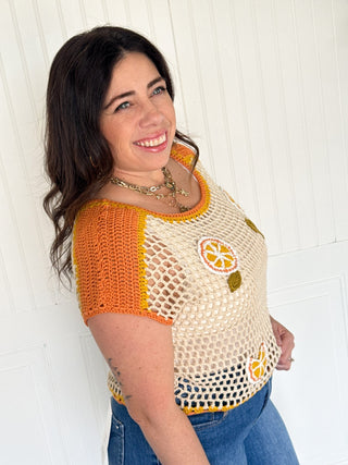 The Orchard Charm Crochet Top, Oatmeal/Orange - 100 Casual Tops - The Farmhouse