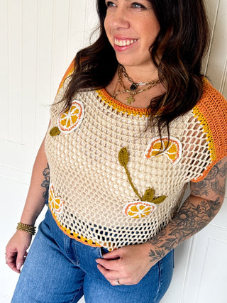 The Orchard Charm Crochet Top, Oatmeal/Orange - 100 Casual Tops - The Farmhouse