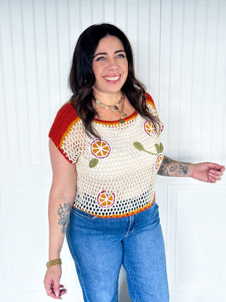 The Orchard Charm Crochet Top, Oatmeal/Red - 100 Casual Tops - The Farmhouse