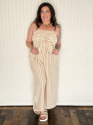The Saltwater Stripe Jumpsuit, White/Taupe - 180 One Piece Outfits - The Farmhouse